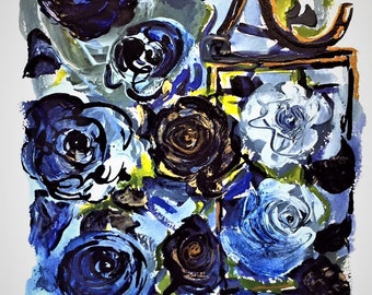 Original Abstract Floral Painting,  9x12 on art paper abstract blue garden roses painting, Indigo blue gold, Sissy Altom