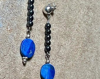 Lapis Lazuli Hematite Drop Earrings, Long Sterling Silver Earrings, Blue Stone Linear Dangle Earrings