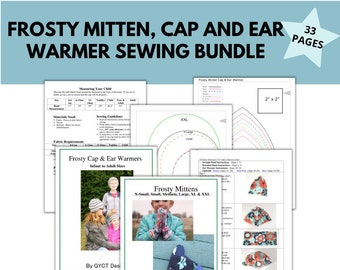 Frosty Cap & Ear Warmers AND Mittens PDF Sewing Pattern BUNDLE, Fleece Hat Pattern, Fleece Mitten Pattern, winter cap pattern, snow cap sew