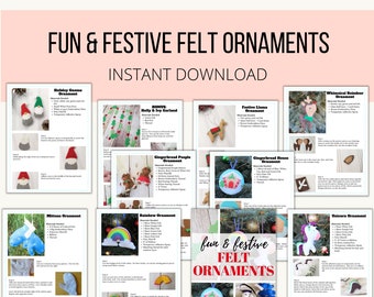 Fun & Festive Felt Ornaments, Felt Ornament Patterns, felt Christmas ornaments, gingerbread ornament, unicorn felt ornament, felt pattern