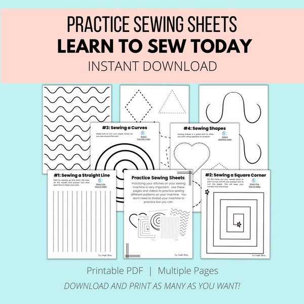 Sewing Practice Sheets, paper sewing sheets, sewing printables, learn to sew, printable sewing practice sheets, sewing guide, beginner sew