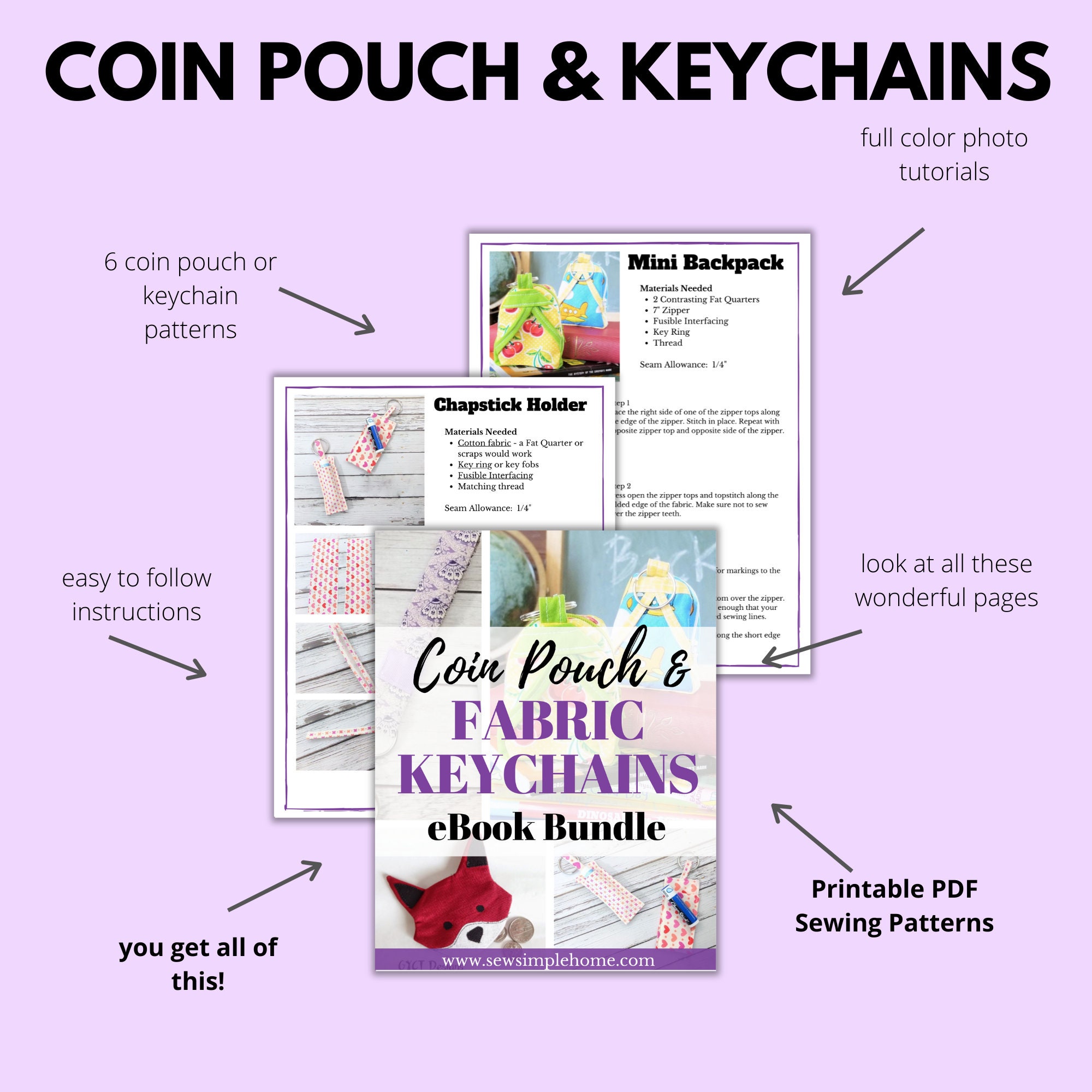 キーホルダーとコインポーチの縫製パターンバンドル（PDFパターン） - Etsy 日本