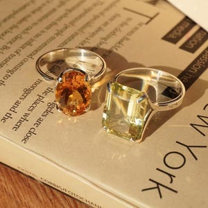Citrine Oval & Rectangular Gemstone Ring 925 Sterling Silver, Handmade Gemstone Jewelry, Yellow Stone Ring