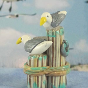 Seagulls on Pilings for Fairy Garden, OOAK Miniature figurine