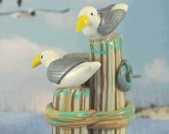 Seagulls on Pilings for Fairy Garden, OOAK Miniature figurine