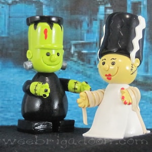 Frankenstein and His Bride OOAK figures for Halloween, Fairy Garden, Cake Topper handmade miniature