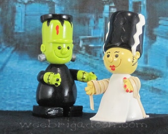 Frankenstein and His Bride OOAK figures for Halloween, Fairy Garden, Cake Topper handmade miniature