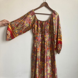 60s Balloon Sleeve Psychedelic Gown Shiny Metallic Floral Spiral Paisley 1960s 70s 1970s