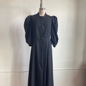 Small 1930s Black Rayon Faille Puff Shoulder Coat Ankle Length Swing Coat 30s 40s 1940s