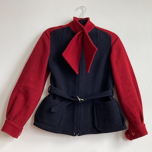 Chaqueta de esquí de lana de dos tonos con cinturón de los años 30, Talon Bell Zip, color rojo y negro, bloques de color, década de 1930