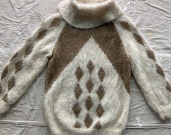 L Vintage Cowl Neck Mohair Sweater with Harlequin Pattern Super Shaggy Wool Jumper Pullover Hand Knit 1960s 1970s 1980s 60s 70s 80s