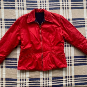 Jaqueta de esqui reversível 40s M, roupa esportiva de algodão vermelho e lã azul marinho com gola e bolsos, casaco de inverno, ombreiras, anos 1940, 1950, 50