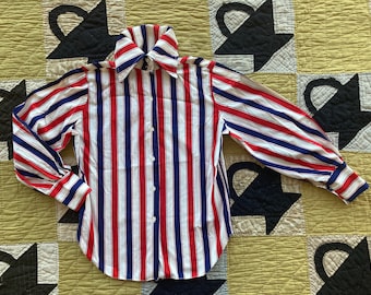 S M 1960s Red Blue White Striped Mod Blouse Button Down Shirt Oversized Collar French Cuffs Cotton Mid Century 60s 70s 1970s