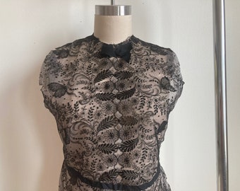 1940s Butterfly Net Lace Vest / Dickie Black Lace Blouse / Collar Tie Back Top Floral Mesh Lace Netted 40s 30s 50s 1930s 1950s
