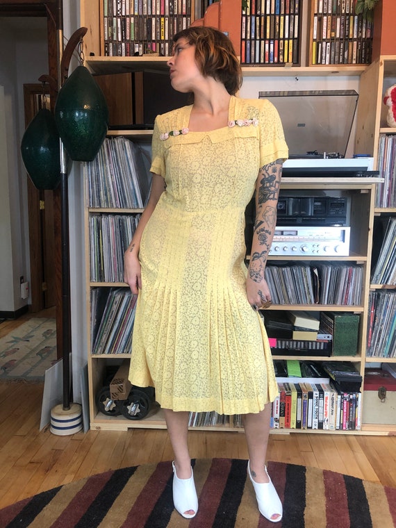 1930s Yellow Floral Lace Dress 30s 40s 1940s