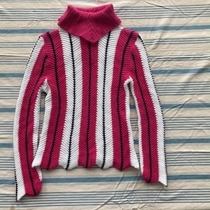 60s Funky Chevron Knit Sweater Acrylic Pullover Jumper Pink Black and White Judy Ann 1960s 70s 1970s
