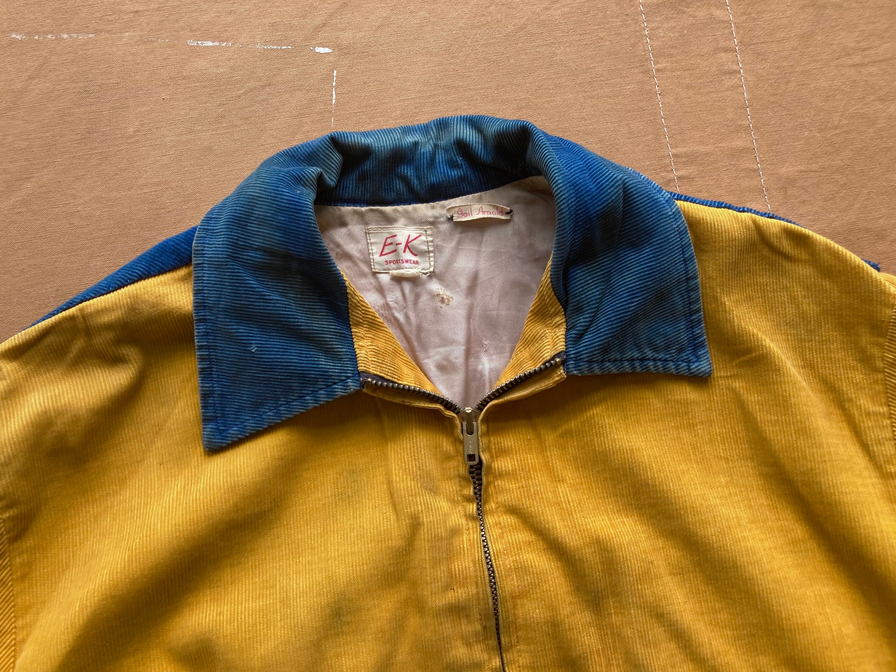 M L 1950s Two Tone Blue & Gold Corduroy Bomber Jacket Zip up Color