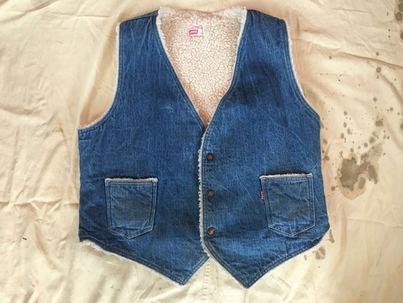 L XL 70s Levi's Orange Tab Denim Vest Fleece Lined