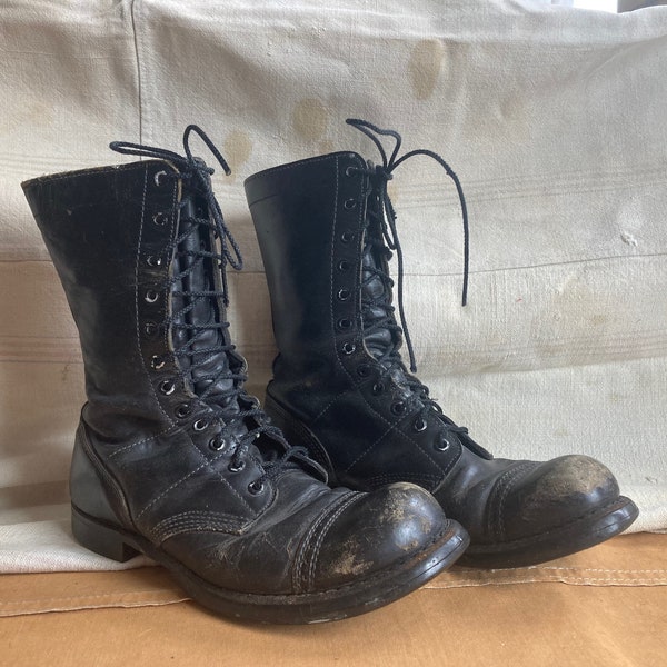 60s 8 8 1/2 Jump Boots Military Combat Boots W 9 1/2 10Black Leather Paratrooper 12-Eye Mid-Calf Korean War Vietnam 1950s 1960s 50s