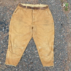 38&quot; 1920s Cotton Hunting Pants with Leather Belt Tan Brown Knickers Button Fly Sportswear Trousers True Vintage 20s