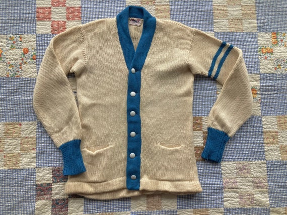S M 30s 40s Two Tone Wool Cardigan Button Front K… - image 1