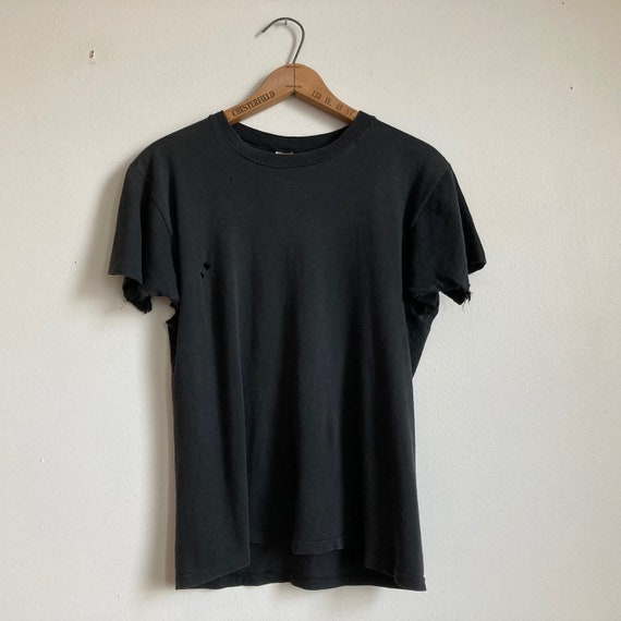 70s Black Mayo Spruce Cotton T-Shirt Thrashed Pap… - image 1