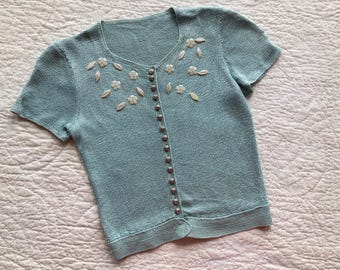 XS 30s Teal Rayon Knit Cardigan Short Sleeve Beaded Hand Knit Handmade Knitwear Separates 1930s 40s 1940s Sweater