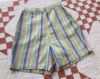 24" 1950s Side Zip Candy Striped Shorts Cotton High Waist Shorts Side Button Candy Colored High Rise Pockets 50s 1940s 40s XS