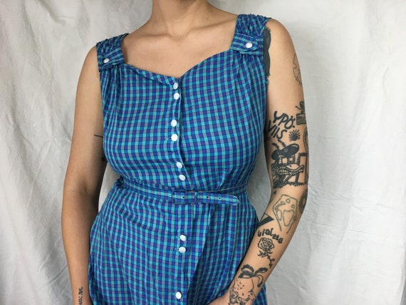 40s Gingham Dress, Cotton Day Dress, 28" Blue Gree