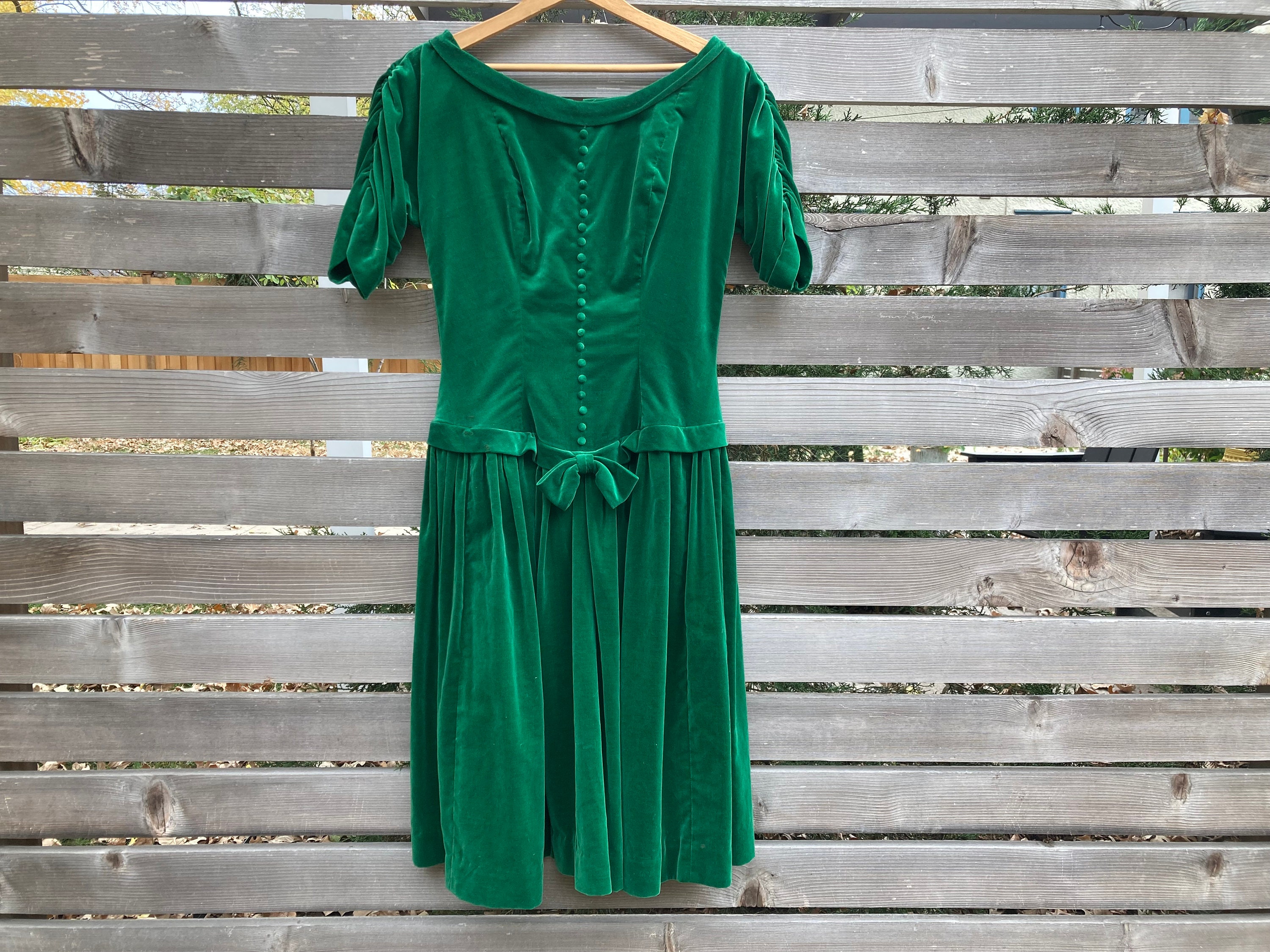 60s Green Velvet Drop Waist Dress Boat 