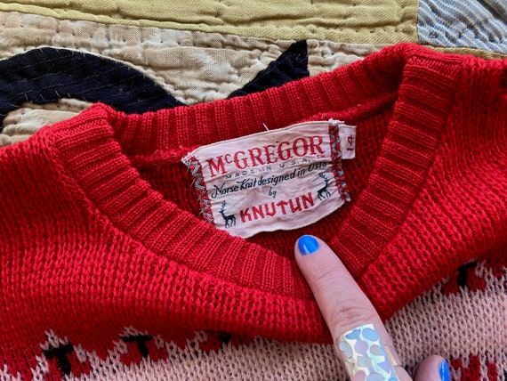 40s McGregor Red Wool Snowflake Pattern Sweater K… - image 4