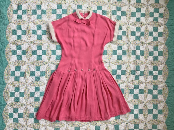 50s Bubble Gum Pink Linen Drop-Waist Dress with A… - image 2