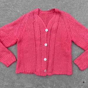 50s Bubblegum Pink Mohair Cardigan Hand Knit Fuzzy Knit Sweater Vintage Knitwear Handmade Jumper 1950s 60s 1970s