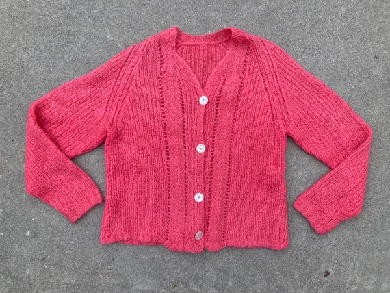 50s Bubblegum Pink Mohair Cardigan Hand Knit Fuzzy Knit Sweater 