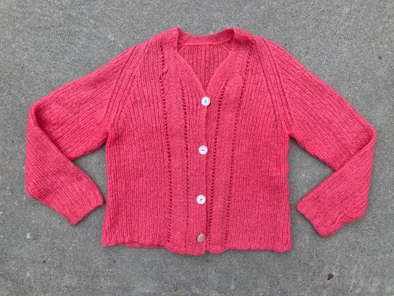 50s Bubblegum Pink Mohair Cardigan Hand Knit Fuzz… - image 1