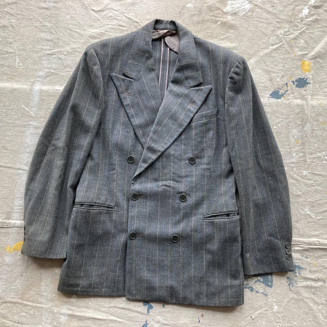 40s Jacket Size 38 40 1940s Double Breasted Suit Jacket Wool Pin Stripe Peak-lapel ...