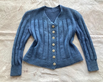 1940s Hand Knit Stone Blue Wool Cardigan Puff Shoulder Wide Ribbing Cropped 40s 1930s 30s Sweater Jumper