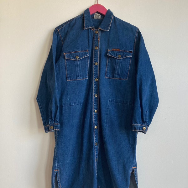 80s 90s Gitano Denim Dress Long Sleeve Military Chic Debuilt Dark Wash Cotton Blue Jean Dress Shirtdress 1980s 1990s