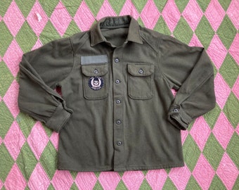 L 80s Green Wool Military Shirt with Old Misfits Band Patch / M-51 Cold Weather Field Shirt / Winter Button Down / Punk / Large 1980s
