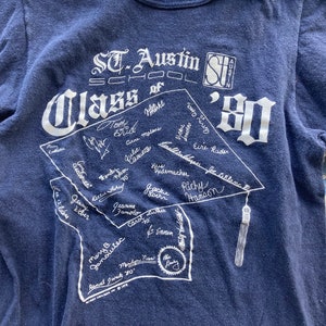 XS 80s Blue Cotton Signature T Shirt with White Graphic 1980s St Austin School Graduation 1980 1970s