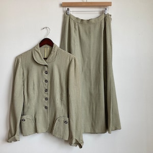 M 40s Cotton Skirt Suit 28&quot; Waist Windowpane Plaid Batwing Jacket and Skirt 40s Set