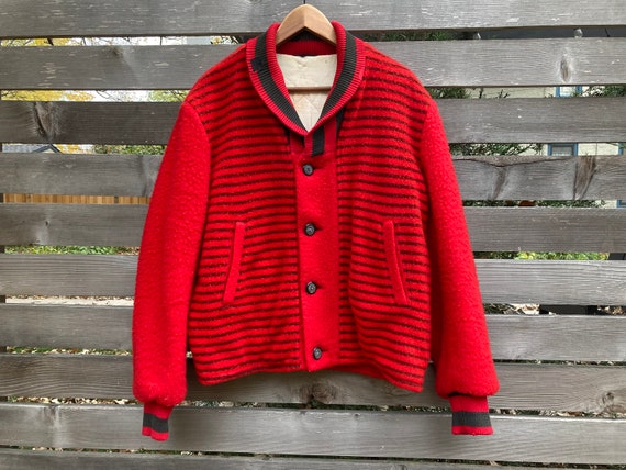 L 50s Striped Fleece Shawl Collar Jacket Red & Bl… - image 1