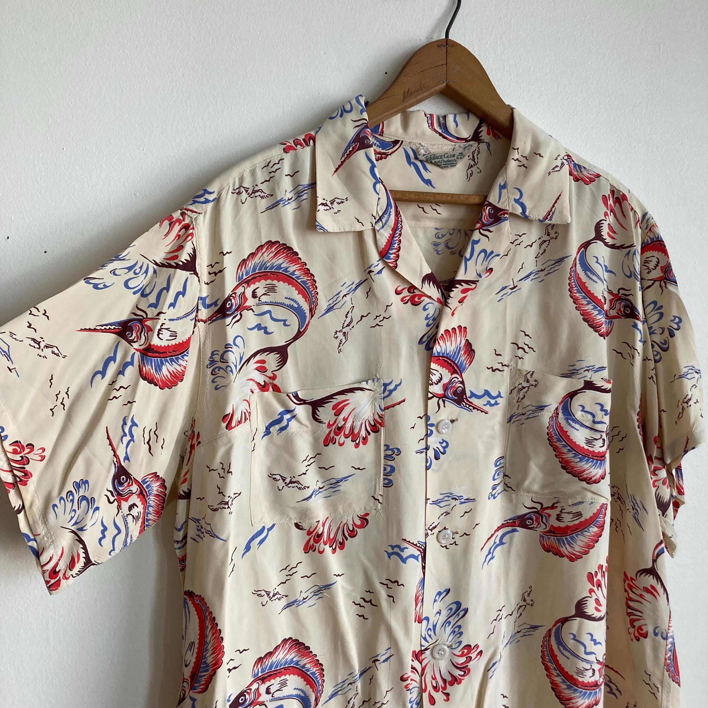 Large 1950s Rayon Swordfish Print Shirt Button Down Novelty Print 