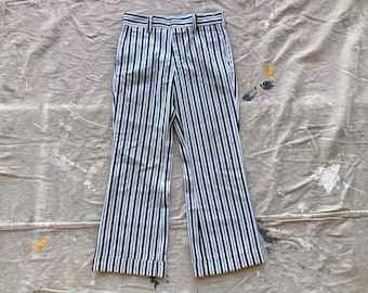 XS S 29" 1960s Striped Cotton Pants 3-Tone Stripes Trousers Wide Leg Slacks Mid-Rise Low-Rise 60s 1970s 70s