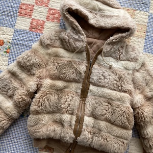 S 70s Fuzzy Hooded Bomber Jacket Cropped Striped Faux Zip Front Coat 1970s
