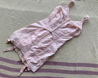 32DDD Blush Pink 1940s Corset Boned All in One Front Hook & Zipper Stocking Garters Vintage Lingerie Undergarment Girdle 40s 50s 1950s
