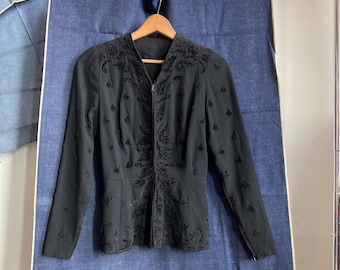 1930s Zip Front Rayon Crepe Blouse with Chenille Embroidery Peplum Jet Black 1930s Blouse Long Sleeve Talon Bell Zippers 30s