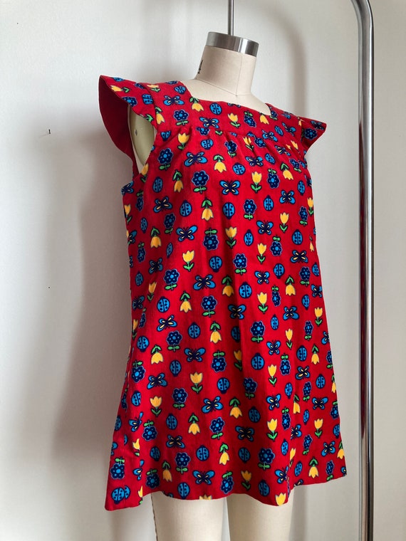 S 1960s Red Corduroy Ladybug Print Tunic Blouse No