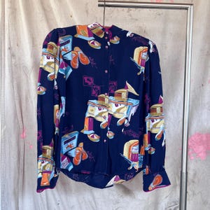 Small 80s Does 40s Rayon Novelty Print Blouse Records Juke Box Diner Long Sleeve First Glance