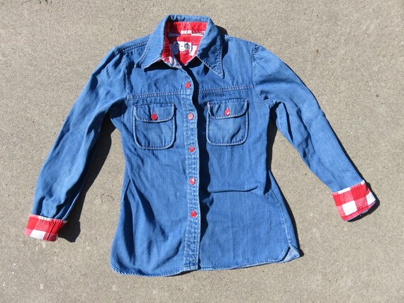 XS S 70s Denim and Checkered Long Sleeve Button D… - image 2